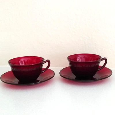 Vintage Anchor Hocking Ribbed Royal Ruby Cup & Saucer Set of TWO (2) Perfect - Image 1 of 4