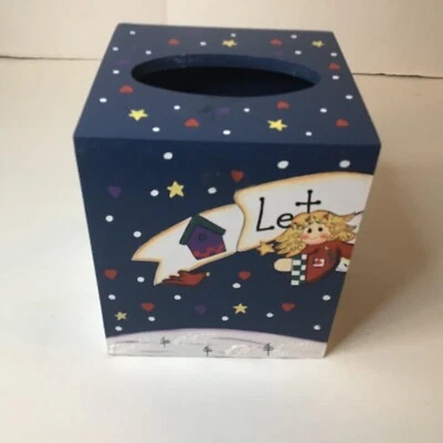 wooden square tissue box dark blue Christmas scene - Image 1 of 4