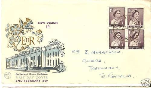 1959 QEII 1d Definitve Block of 4 FDC Uprated Rhodesia - Image 1 of 1