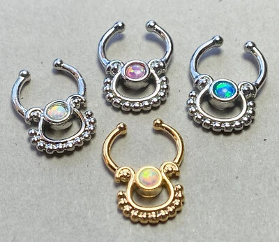 1pc Non-Piercing Single Opal Septum Hanger Clip-On Fake Nose Ring Body Jewelry - Image 1 of 4