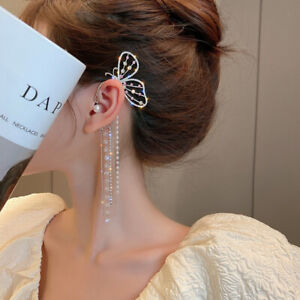 1pc Silver Butterfly Crystal Pearl Tassel Earrings Ear Clip Cuff Women Jewelry