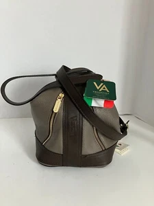 Valentina Bucket Leather Grey & Brown Bag W/Zipper Strap NEW With Tags Italy - Picture 1 of 12