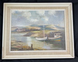 Oil Acrylic On Board Painting Signed Gearing Newhaven Harbour Sussex Yacht Boat - Picture 1 of 14