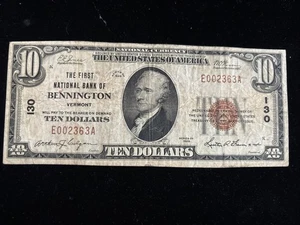 1929 $10 FIRST NATIONAL BANK BENNINGTON VERMONT NATIONAL CURRENCY CH #130 - Picture 1 of 7