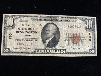 1929 $10 FIRST NATIONAL BANK BENNINGTON VERMONT NATIONAL CURRENCY CH #130 - Image 1 of 4
