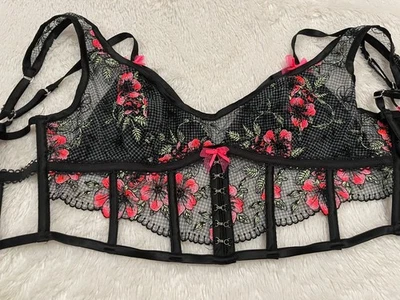 Sujetador Top L For Love & Lemons Penelope Bustier Negro Satinado Floral Malla Tirantes Foto 1 de 4