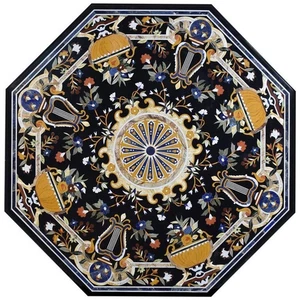 Octagonal Black Marble 30" Table top with Handmade pietra Dura inlay art - Picture 1 of 12