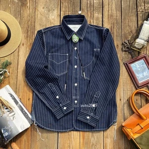 Camicia denim uomo pesante 12,5 oz cotone a righe verticali camicia western - Foto 1 di 17