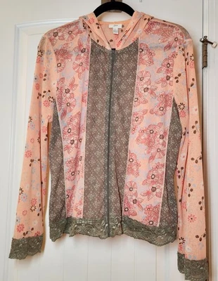 Sudadera con capucha J. JILL transparente floral de nailon con ribete de encaje cremallera completa para mujer L Foto 1 de 4