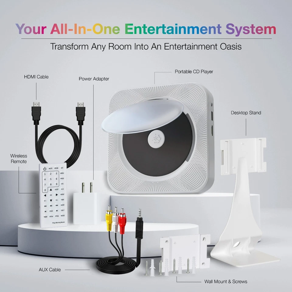 Bluetooth CD Player Wall Mount Stereo FM/AM USB Home Music System White Gift. - Image 1 of 4