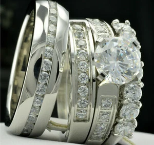10K White Gold Plated Simulated Diamond Trio His And Her Wedding Bridal Ring Set - Picture 1 of 8