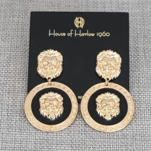 New House of Harlow 1960 Lion Head Black Gold Dangle Earrings - Picture 1 of 5