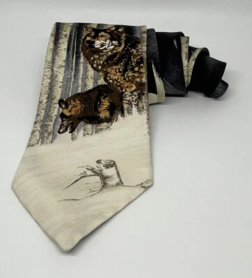 Vintage 417 by Van Heusen 100% Silk Tie Scenic Landscape Wolves Handmade Tie USA Foto 1 de 4