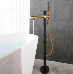 Grifo mezclador de bañera de pie montado en el piso negro dorado relleno grifo de ducha manual - Imagen 1 de 10