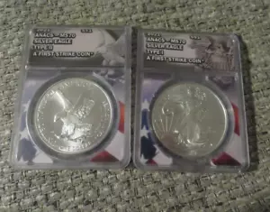 Pair 2021 Ty-1 & Ty2 Silver Eagle MS70 ANACS 1st Strike Transition year - Picture 1 of 5