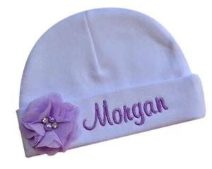Personalized Baby Girl Hat with Sweet Chiffon Flower and Embroidered Name - Picture 1 of 7