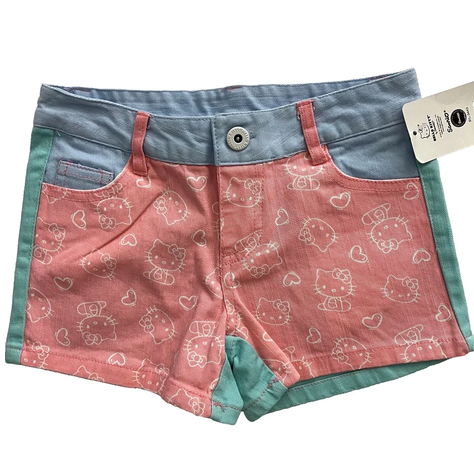 Pantalones cortos de mezclilla para niña Hello Kitty bloques de colores talla S Foto 1 de 4