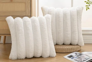 Pair 18x18 20x20  CREAM WHITE , FAUX FUR WIDE STRIPE SOFT PLUSH PILLOW COVERS - Picture 1 of 3