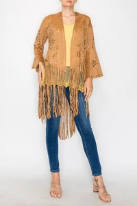 NEU ORIGAMI Strickjacke FAUX Wildleder Jacke Shirt SM-2XL WESTERN BOHO CHIC Fransen - Bild 1 von 8