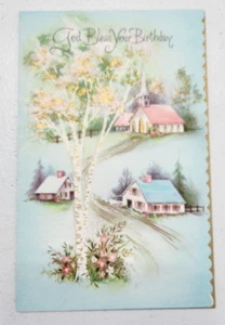 Tarjeta de felicitación vintage de árbol de flores doradas Chu4ch de casa de campo - Imagen 1 de 5