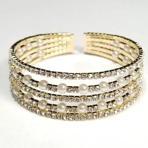 B0015 Gold Tone Clear Rhinestones Pearls Bling Club Stretchable Cuff Bracelet - Picture 1 of 5