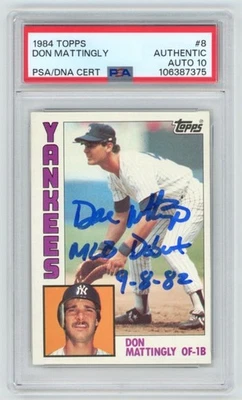 Tarjeta de novato Topps 1984 firmada por Don Mattingly "MLB DEBUT 9-8-82" #8 PSA automático 10 Foto 1 de 2