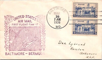 UNITED STATES 1938 CACHET FIRST FLIGHT COVER BALTIMORE - BERMUDA CANC MARYLAND - Image 1 of 2