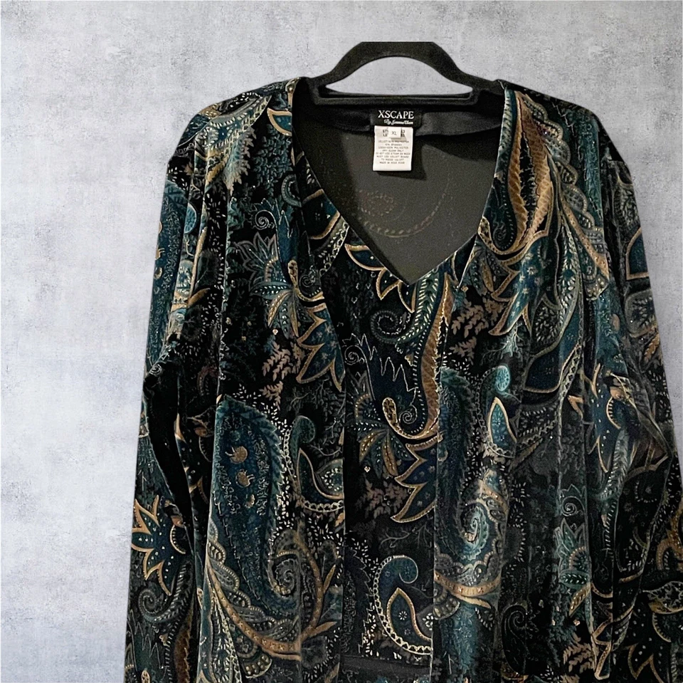 Xscape Joanna Chen Twinset Conjunto Cárdigan Tanque XL Verde Oscuro Paisley Terciopelo 2 piezas Foto 1 de 4