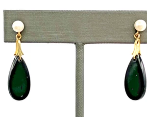 Vintage 14k Yellow Gold Pearl Onyx Dangle Pierced Earrings 1 3/8" - Picture 1 of 8