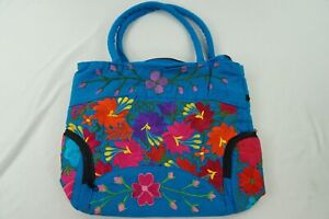 Unbranded Blue Canvas Colorful Floral Embroidery 14"x16"x5" Tote O611