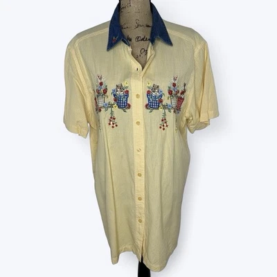 Top De Colección Bobbie Brooks Bordado Gato Talla 18/20W Amarillo Cuadros Cottagecore Abuela Foto 1 de 4