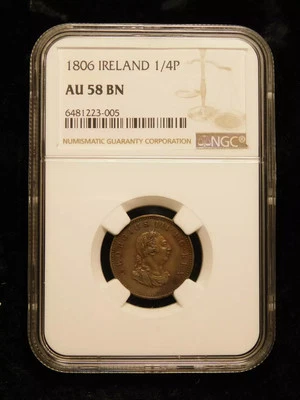 1806 Ireland 1/4 Penny Hibernia Copper - NGC AU58  - Image 1 of 4