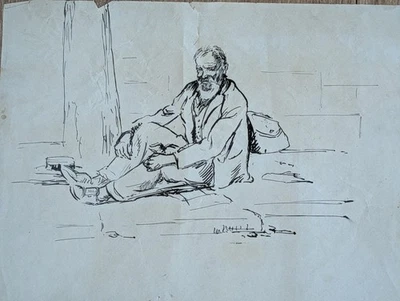 Антикварный оригинальный чернильный рисунок человека начала 20 века портрет с нечеткой подписью - Изображение 1 из 4