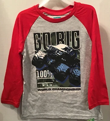 Camisa GO BIG Boys 5 Gris con Rojo Manga Larga Monster Truck 4 Ruedas Tracción Foto 1 de 4