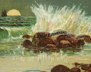 Tarjeta de intercambio compuesto vegetal de Lydia Pinkham Waves Splashing Rocks de los años 1880-90 - Imagen 1 de 3