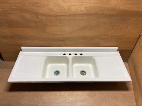 Vtg Mid Century Porcelain Double Basin Drainboard Kitchen Farm Sink 521-21E Cover