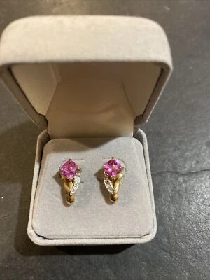 Vintage 10K Yellow Gold Ruby Diamonds Flower Earrings - Image 1 of 4
