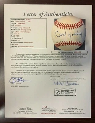 Carl Hubbell Single Signed Baseball w/ JSA Letter of Authenticity - CM437 - Image 1 of 4