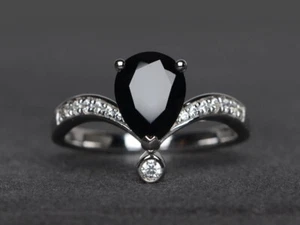 Black Spinel Dainty Ring 925 Sterling Silver Natural Pear Gemstone Women Ring - Picture 1 of 4
