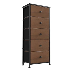 Vertical Narrow Metal Tower Dresser w/ 5 Fabric Drawer Bins, Espresso(For Parts) - Picture 1 of 7