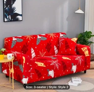 Red Christmas 3 Seater Sofa Covers Set Of Two Non-slip Washable With Case - Picture 1 of 4