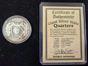 1999 GEORGIA 1 oz .999 SILVER ROUND 50 STATES GIANT SILVER STATE QUARTER COA - Bild 1 von 3