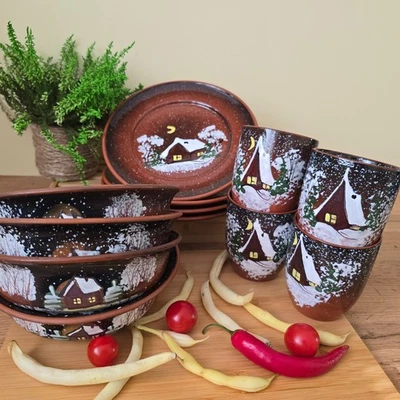 Handmade Winter Christmas Dinnerware Festive Dishes Ceramic plates set of 12pcs - Image 1 of 4