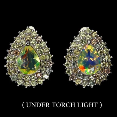925 Sterling Silver Earrings Pear Fire Opal 8x6mm Sapphire Gemstone Jewelry - Image 1 of 4