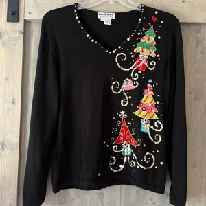 Vintage Jack B Quick Embellished Ugly Christmas Sweater Sequins Embroidered Lg - Picture 1 of 6