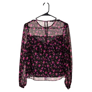 Express Women's Blouse Black Pink Floral Sheer Lined Romantic Coquette Top Small - Picture 1 of 9