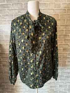Green Blk/Gold Metallic Spotted S Blouse Top Button-Up Gathered Sleeve Tie-Neck - Picture 1 of 12
