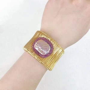 Purple Crystal Square Baroque Freshwater Pearl Wide Open Bangle Women Jewelry - Picture 1 of 7