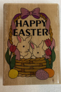 Happy Easter Wood mounted rubber stamp bunnies in basket with eggs CUTE
