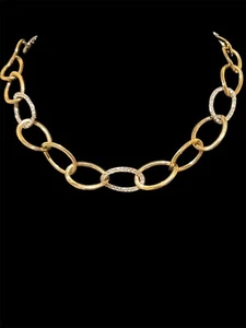 18" Ralph Lauren Gold Tone Link Necklace with Rhinestones and Concealed Clasp - Picture 1 of 4